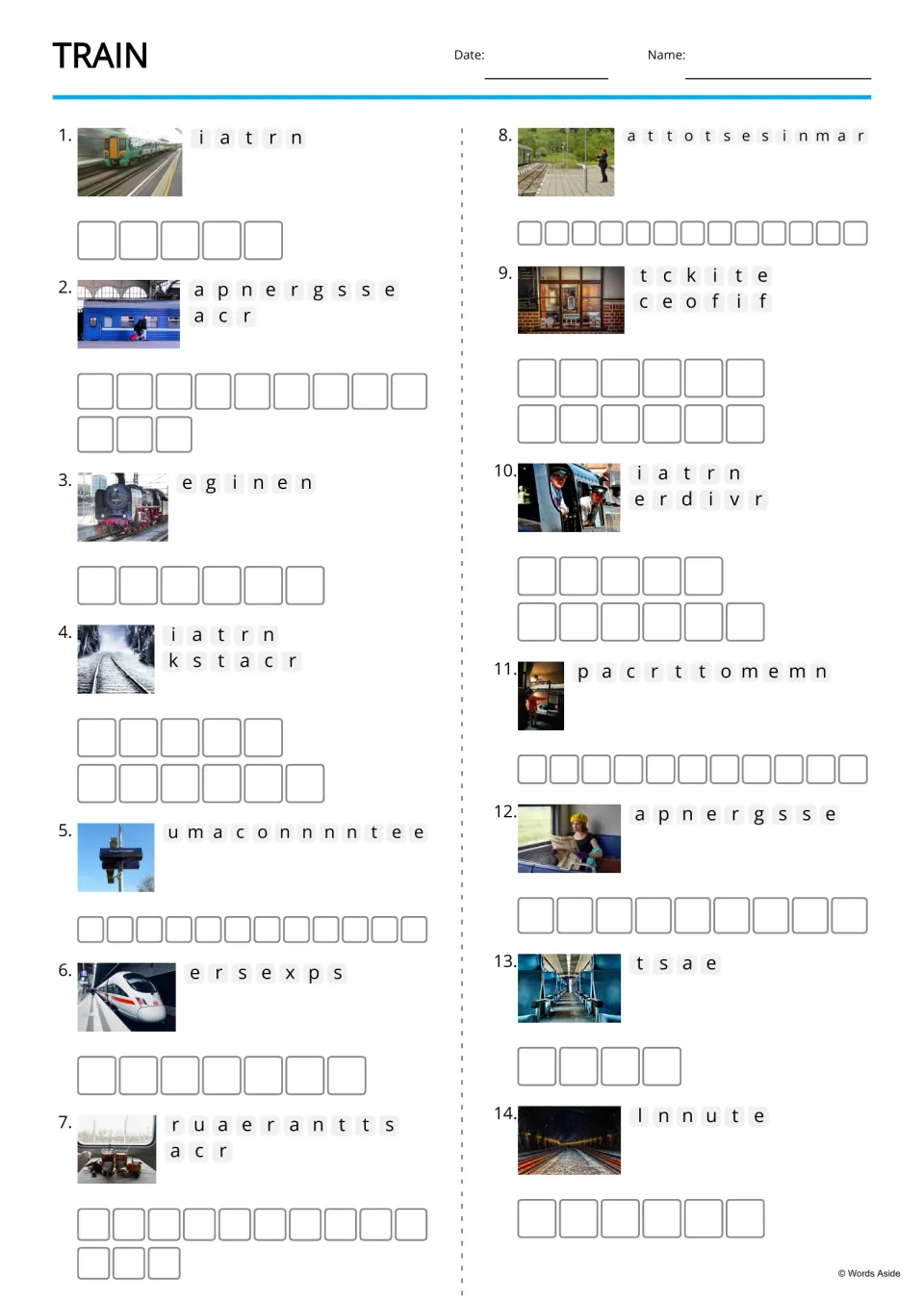 Train vocabulary anagrams: students unscramble 14 photo-cued words like engine, tunnel and ticket office