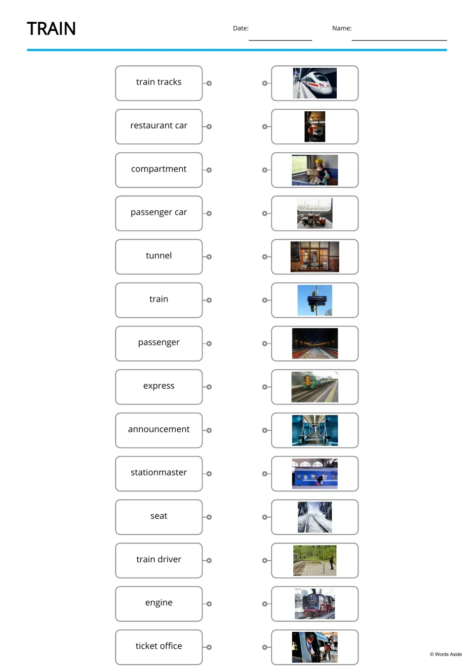 Train word matching: students draw lines from 14 words such as stationmaster and restaurant car to the matching photo