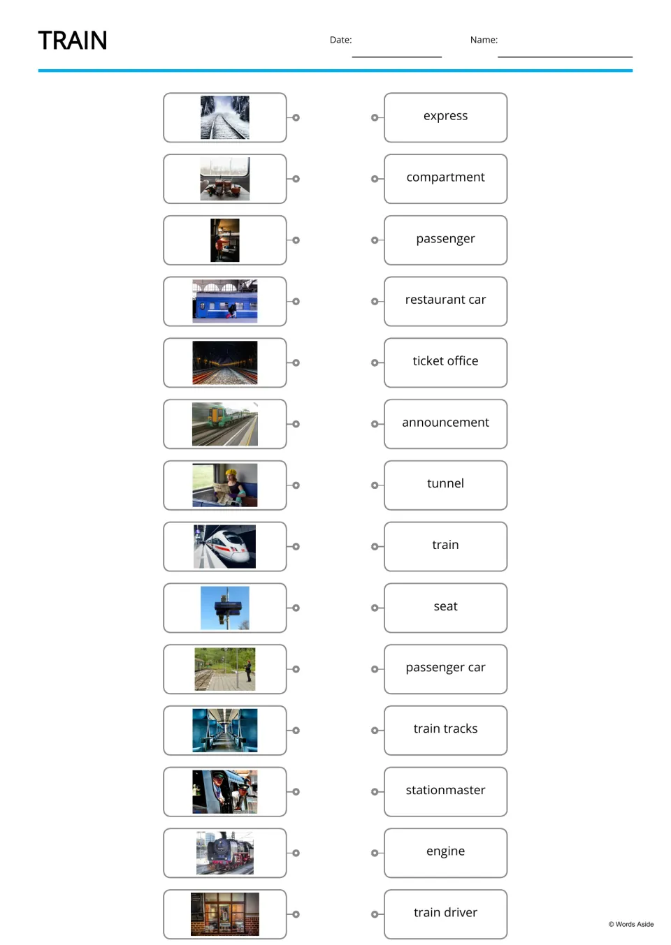 Train photo-to-word matching: students connect each of 14 photos, from snowy tracks to a ticket office, to its word