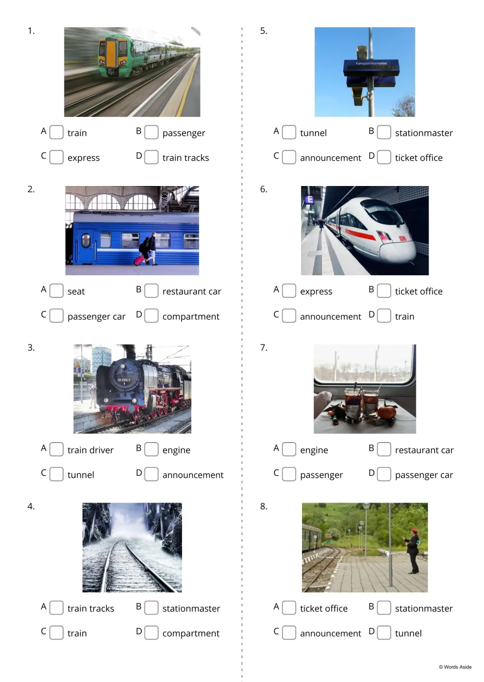 Train vocabulary multiple choice, items 1-8: students tick the word naming each photo, such as engine or express