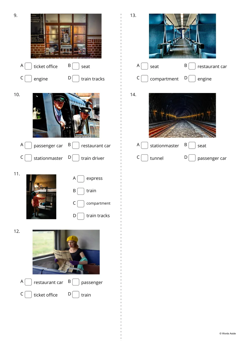 Train vocabulary multiple choice, items 9-14: students pick the word for photos of a ticket office, seats and a tunnel