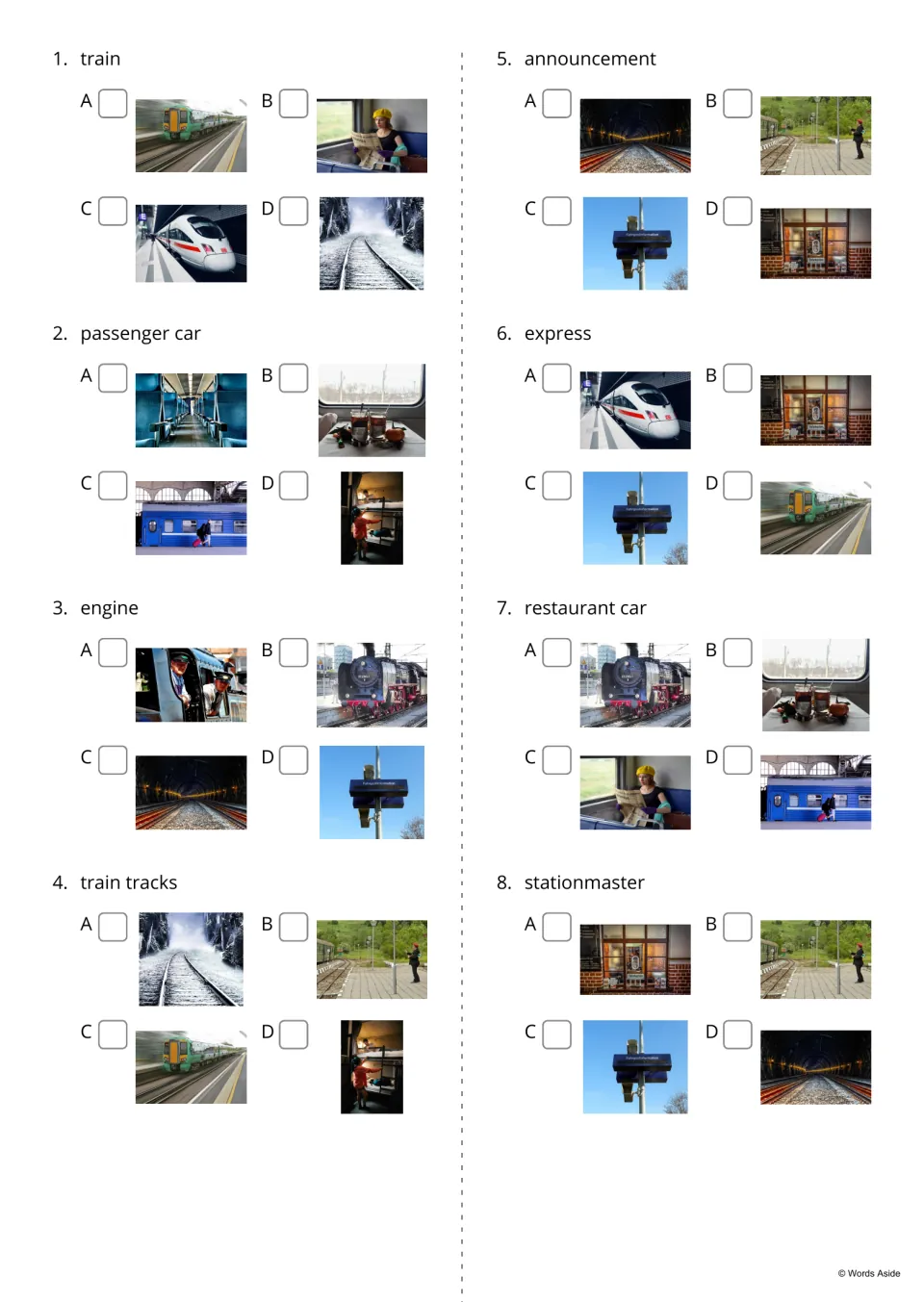 Word-to-picture choice, items 1-8: students read a train word like announcement or stationmaster and tick the right photo