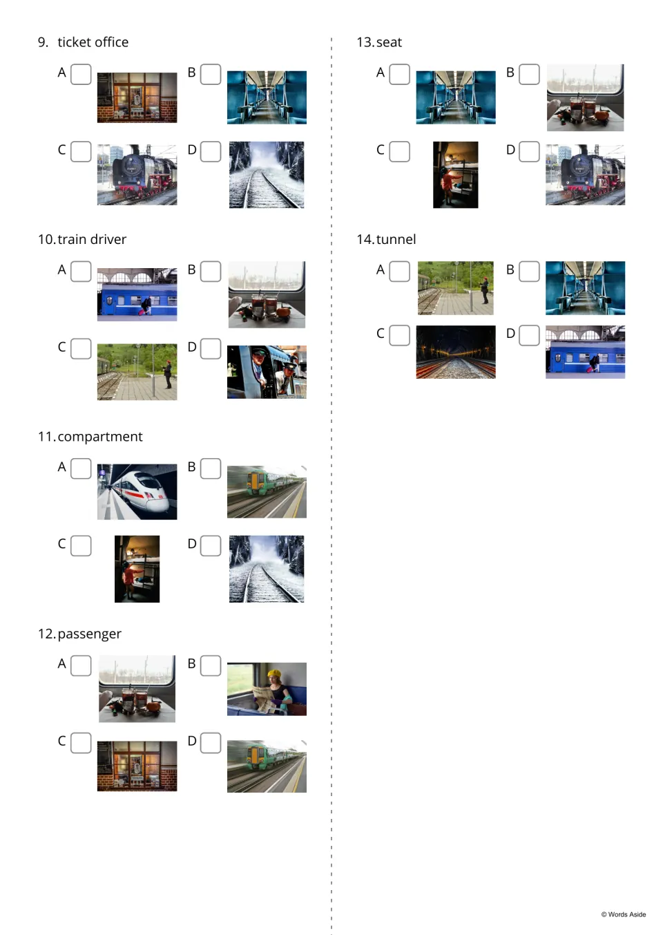 Word-to-picture choice, items 9-14: students tick the photo for ticket office, train driver, compartment, seat or tunnel