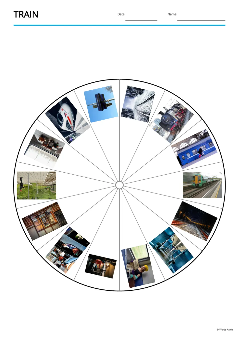 Train picture wheel: 14 photos, including a steam engine, a tunnel and a ticket office, set around a wheel