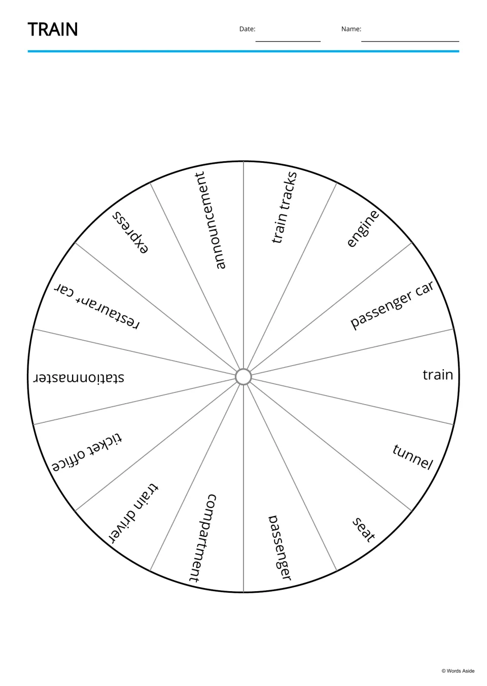 Train word wheel: 14 vocabulary words such as express, engine, seat and passenger car, printed around the wheel