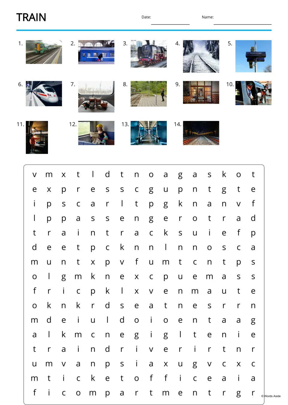 Train word search: students find the 14 words shown by numbered photos, such as compartment and train driver