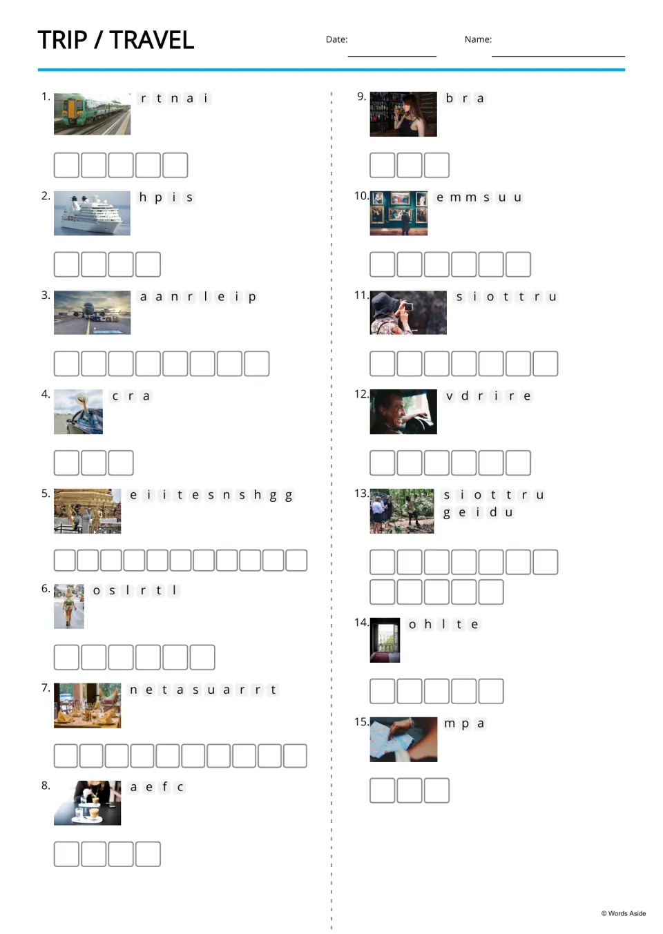 Trip and travel anagrams: students unscramble 15 words such as train, ship and airplane, each shown with a photo