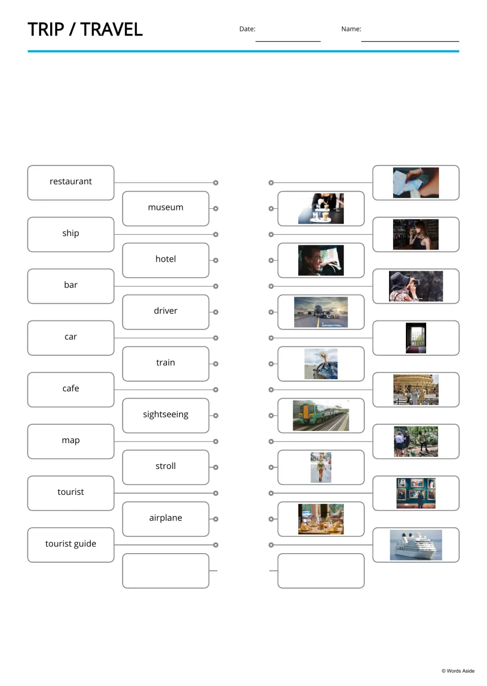 Travel vocabulary matching: students draw lines from words like restaurant, hotel and tourist guide to matching photos