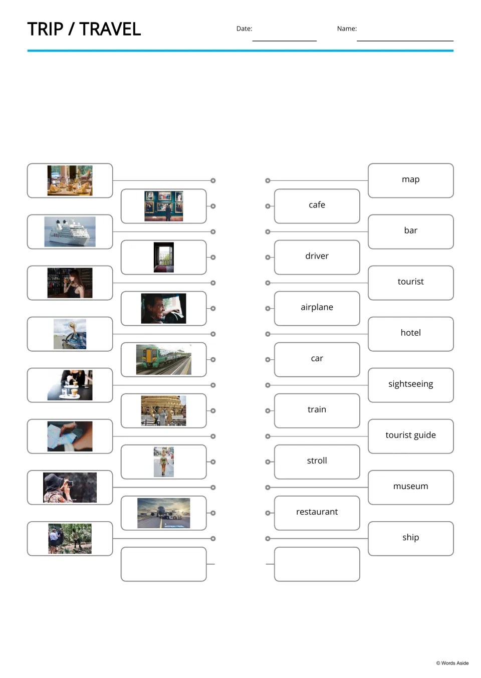 Photo-to-word matching on travel: students link pictures of a cruise ship, museum and map to words like cafe and driver