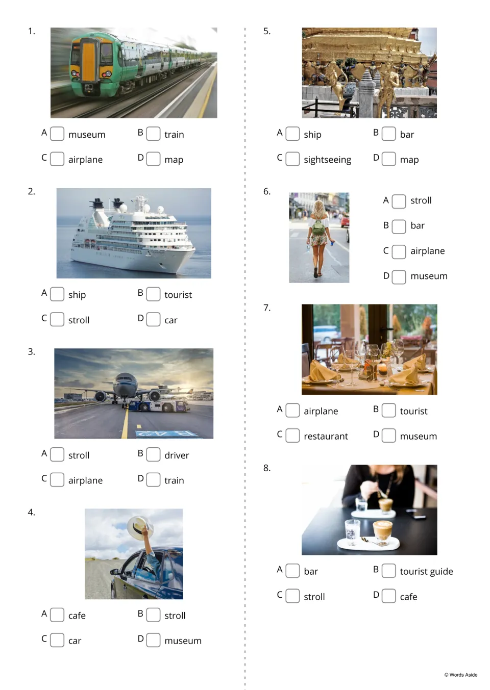 Picture vocabulary quiz, items 1-8: students tick the word naming each travel photo, from train and ship to cafe