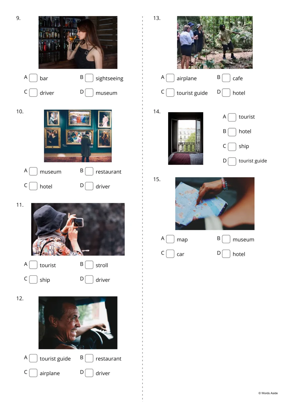 Picture vocabulary quiz, items 9-15: students choose bar, museum, tourist, driver, hotel or map for each travel photo