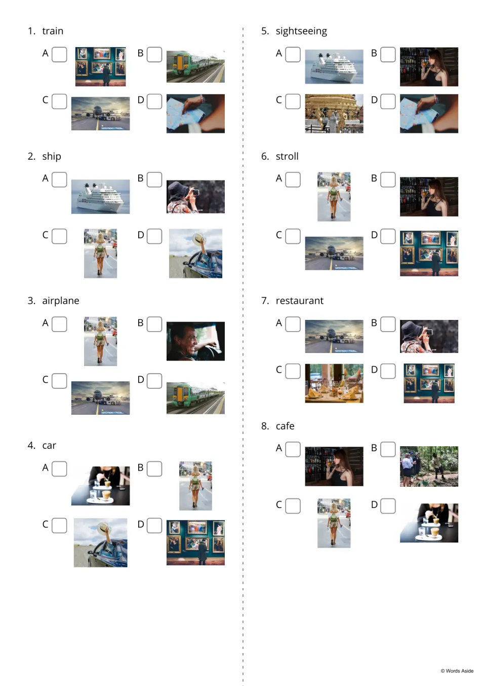 Word-to-picture quiz, items 1-8: students read train, ship, airplane, car, stroll or cafe and tick the matching photo