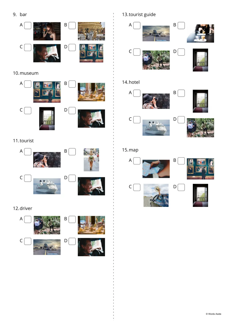 Word-to-picture quiz, items 9-15: students read bar, museum, tourist, driver, hotel or map and pick the right photo