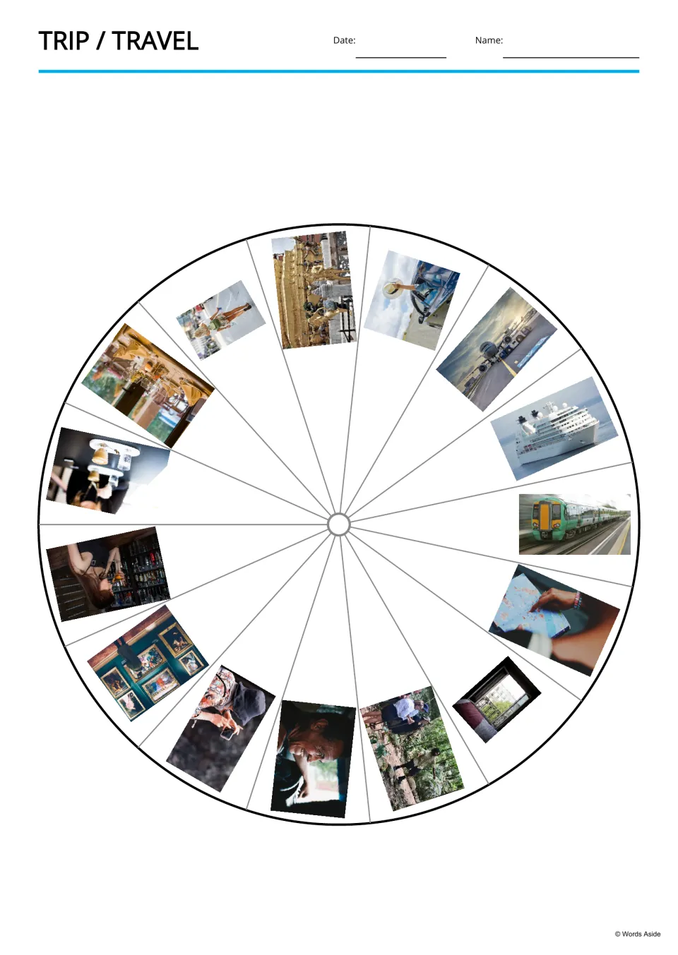 Travel picture wheel: a circle split into 15 segments, each holding a photo such as a train, cruise ship or museum