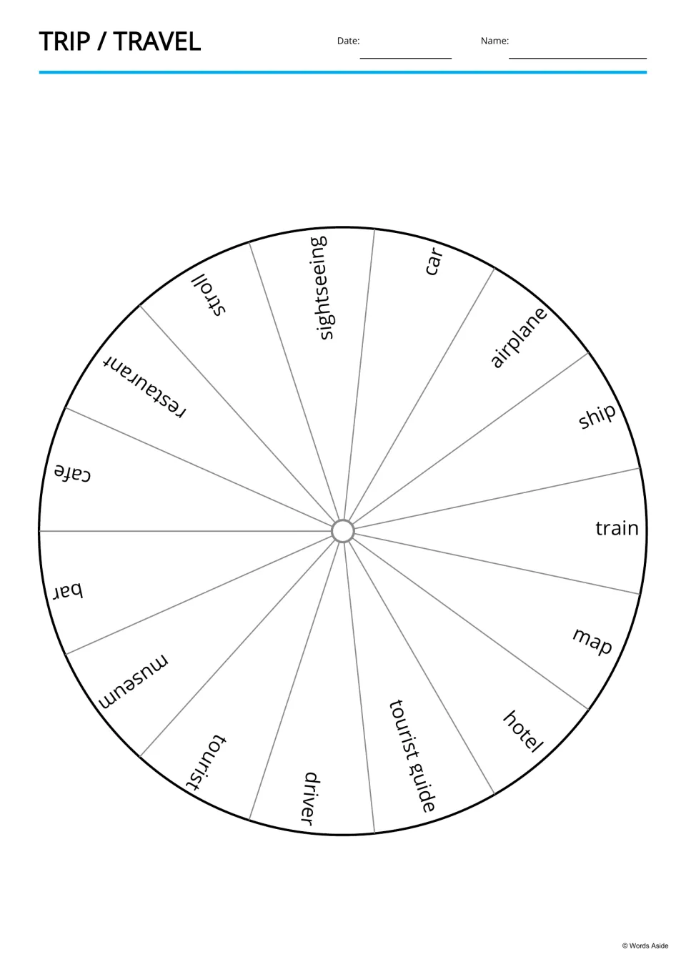 Travel word wheel: 15 segments labeled with words like sightseeing, airplane, train, hotel, museum and tourist guide