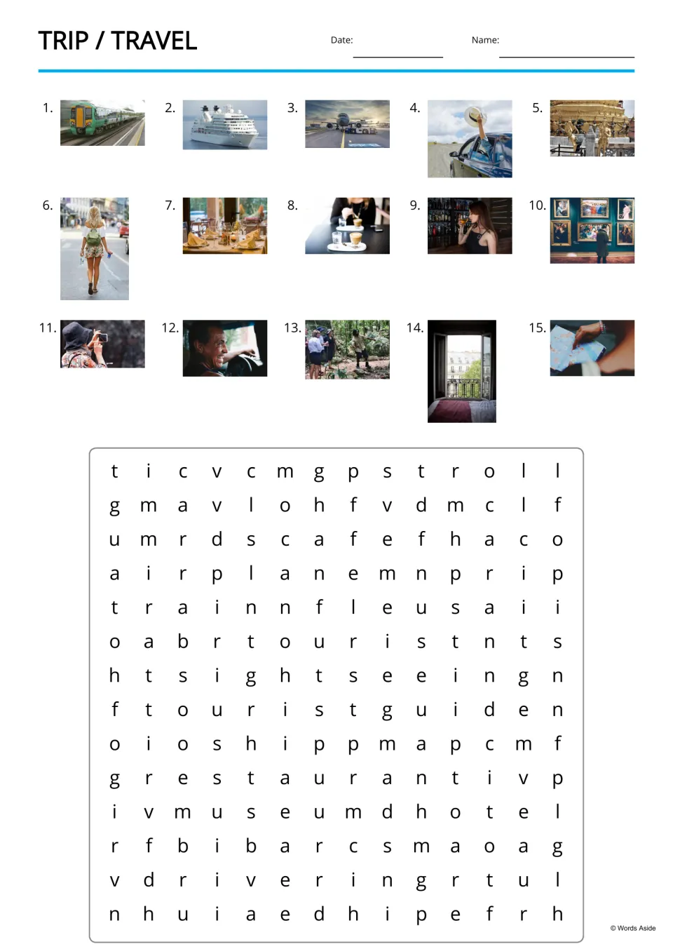 Travel word search: students find 15 hidden words, cued by numbered photos of a train, ship, hotel, map and more