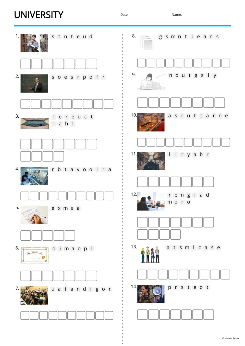 University vocabulary anagrams: students unscramble 14 words such as student, professor and diploma, each beside a photo
