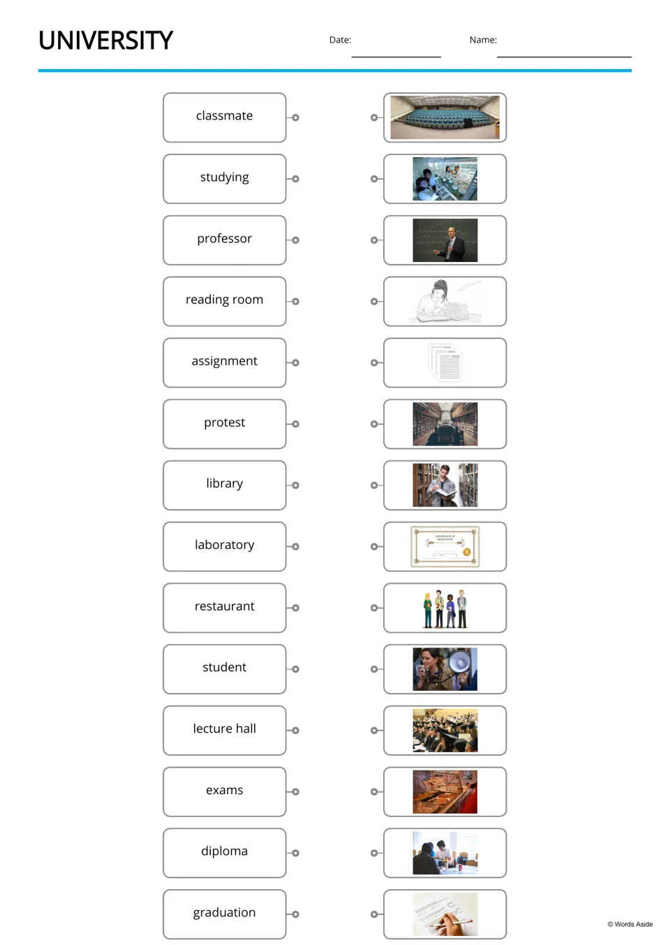 University words matching: students draw lines from 14 words like classmate, library and exams to the matching photos