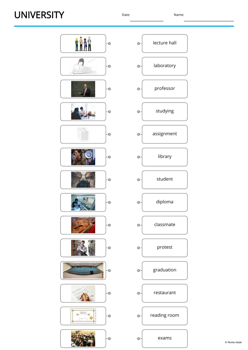 Campus vocabulary matching, reversed: students link 14 photos to words like lecture hall and graduation
