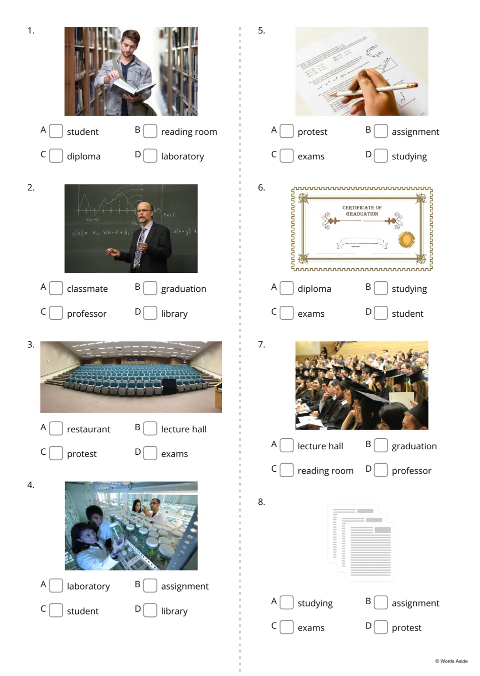 Campus picture quiz, items 1 to 8: students tick the word naming each photo from four, e.g. student or laboratory