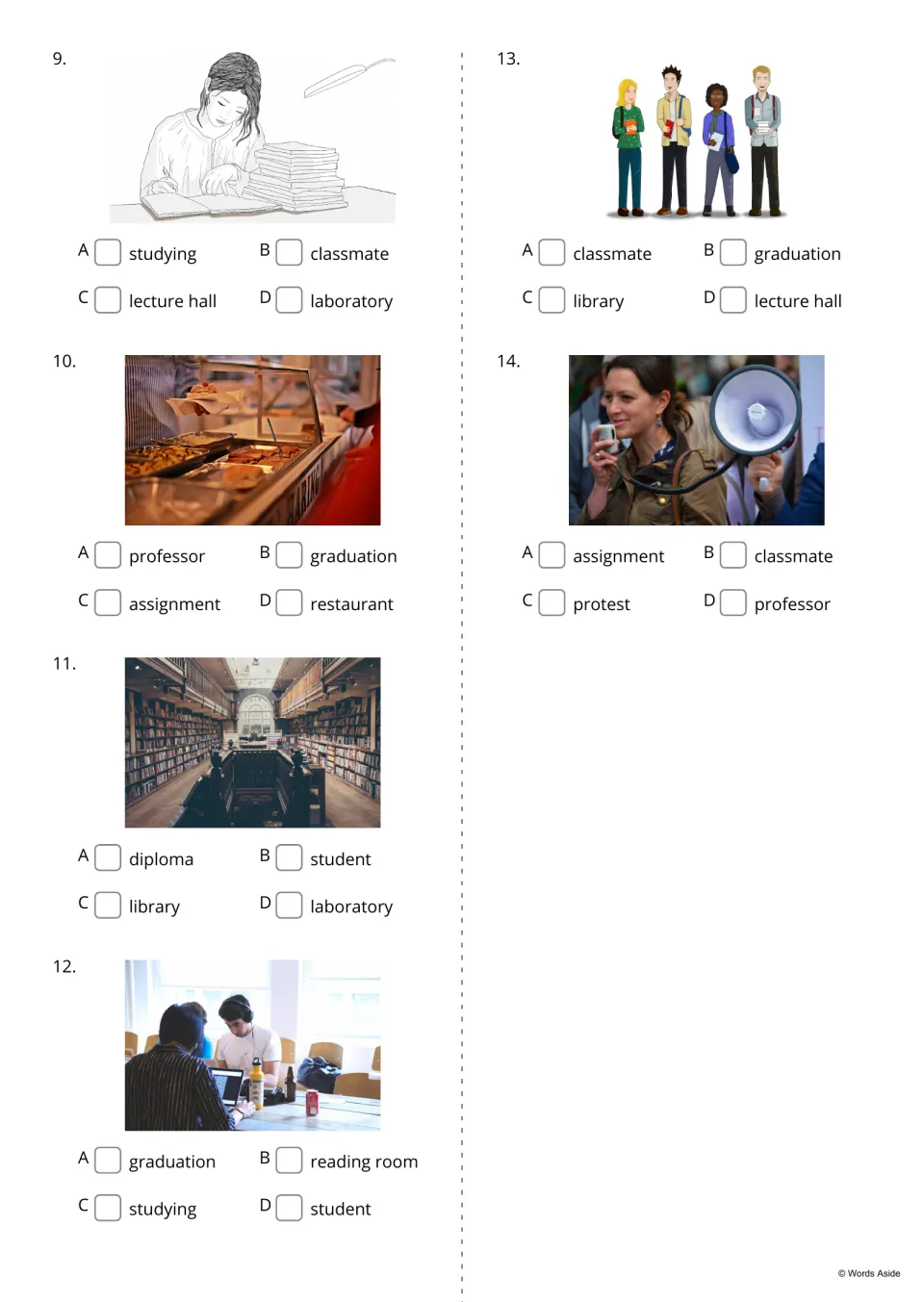 Campus picture quiz, items 9 to 14: students tick the word naming each photo, from studying and restaurant to protest