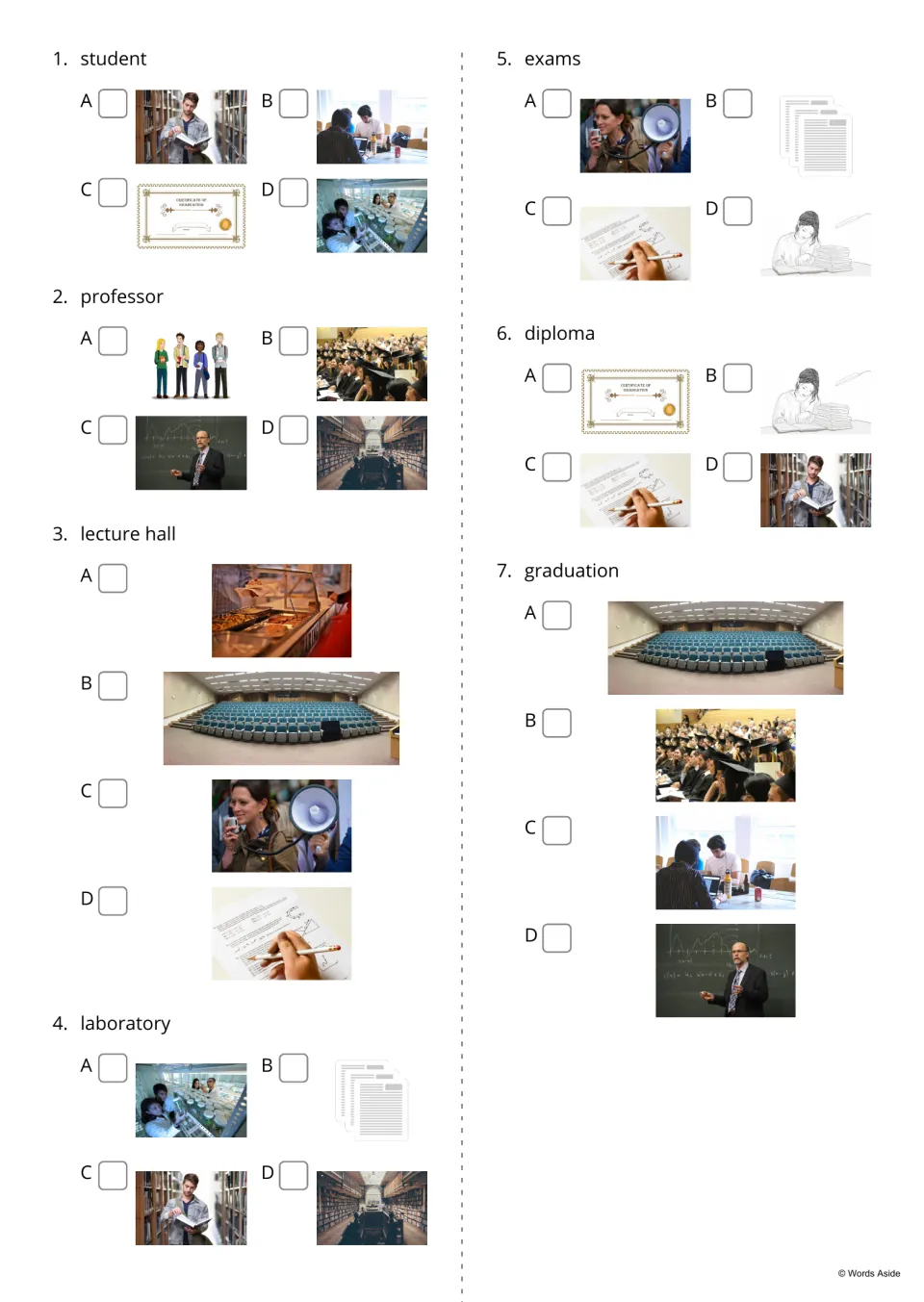Word-to-picture quiz 1 to 7: students read a word such as professor or diploma and tick the matching photo from four