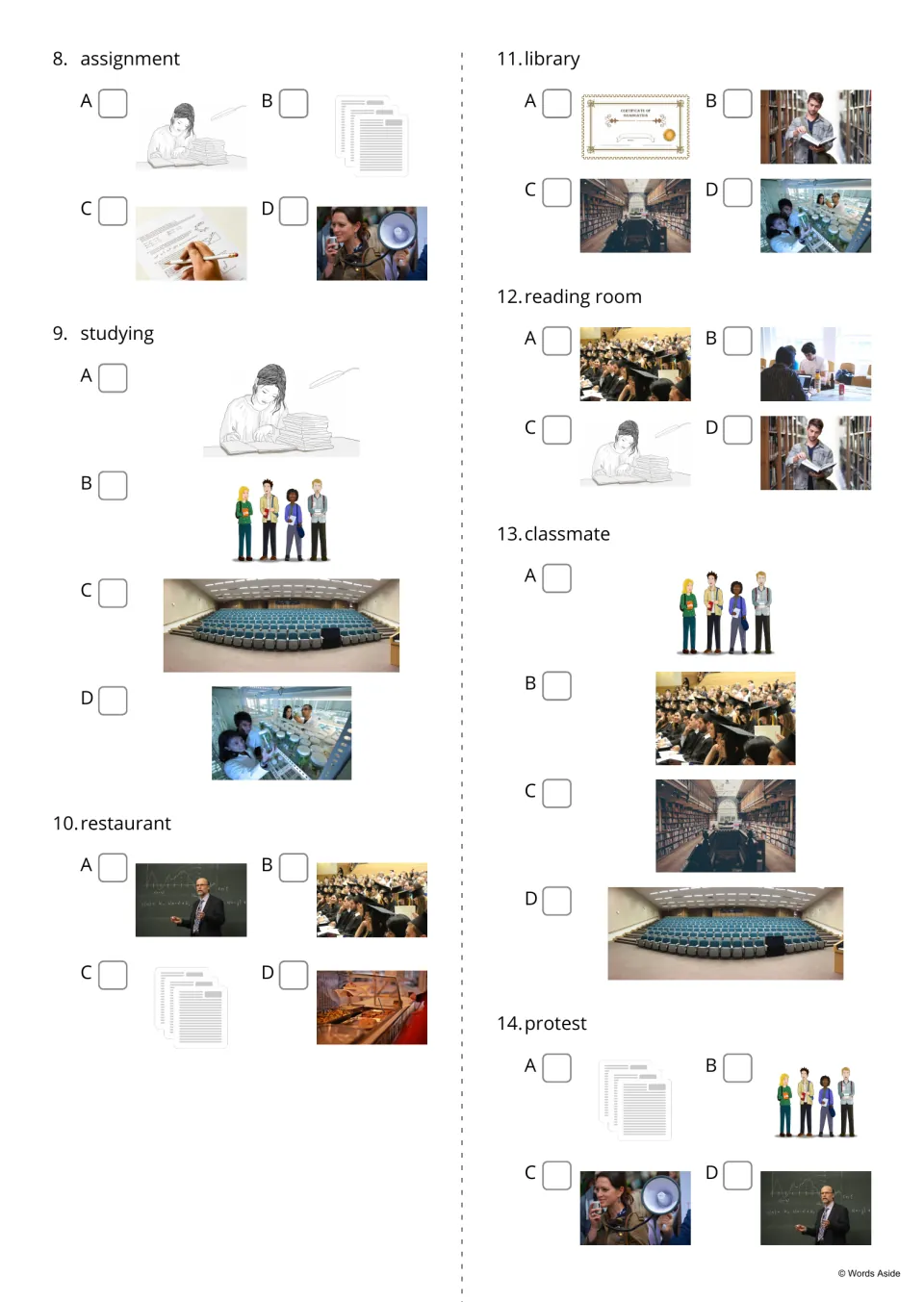 Word-to-picture quiz 8 to 14: students choose the photo that shows assignment, studying, restaurant, library and more