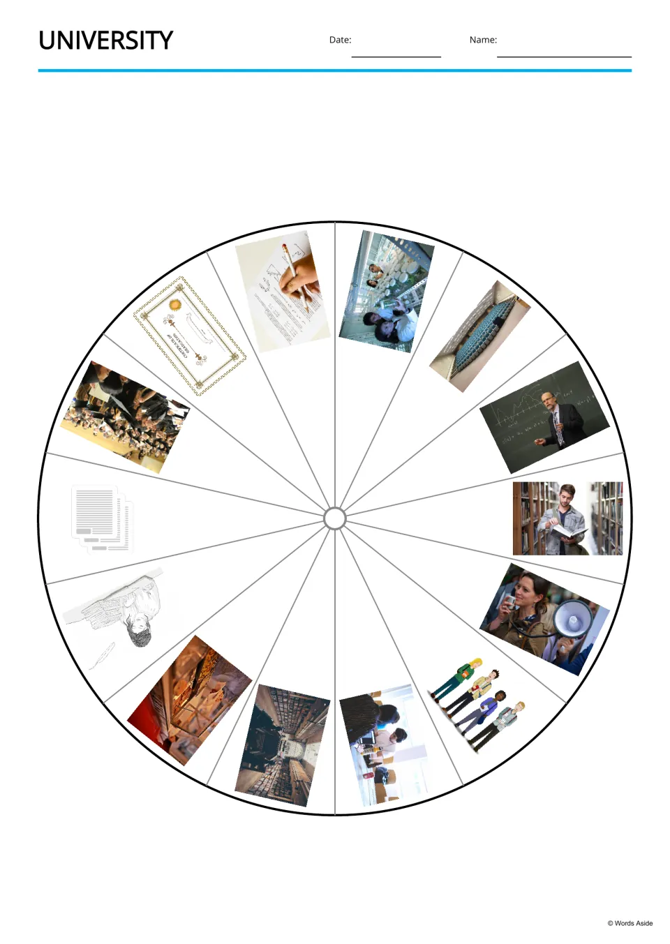 Campus picture wheel showing 14 photos, from a graduation ceremony and lecture hall to a protest, for naming the words