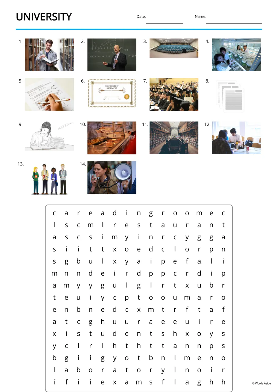 University word search: students name 14 numbered photos, then find words such as restaurant and laboratory in the puzzle