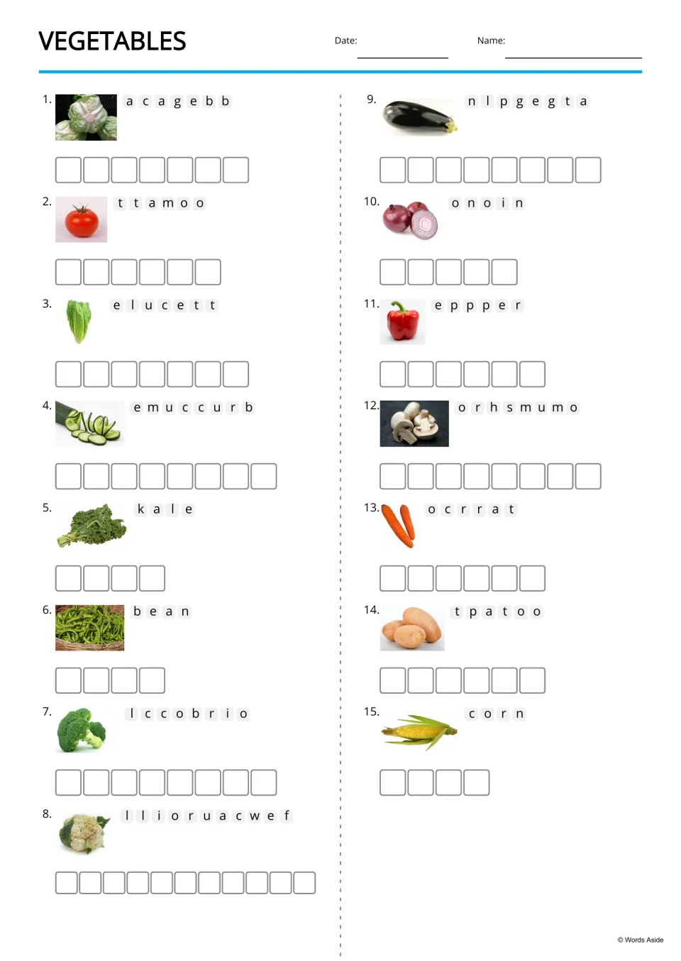 Vegetable anagrams: students unscramble 15 vegetable names, like ttamoo and ocrrat, using a photo clue for each word