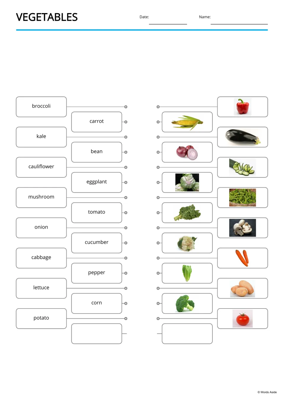 Vegetables word-to-picture match: students link 15 names, from broccoli to potato, to photos of each vegetable