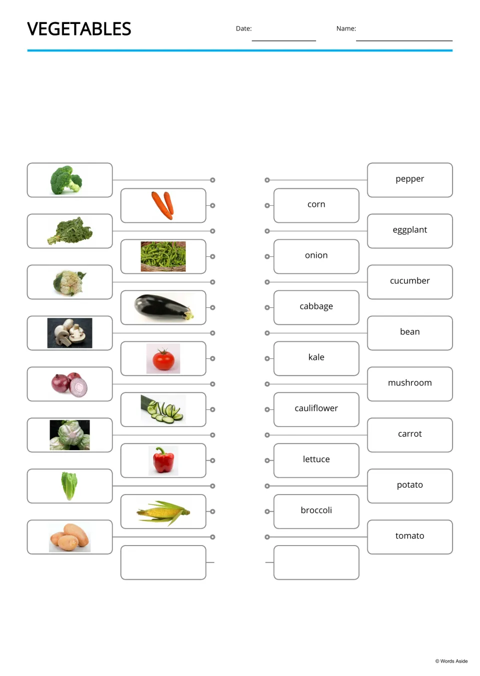 Vegetables picture-to-word match: students link photos of 15 vegetables to their names, such as pepper, corn and onion