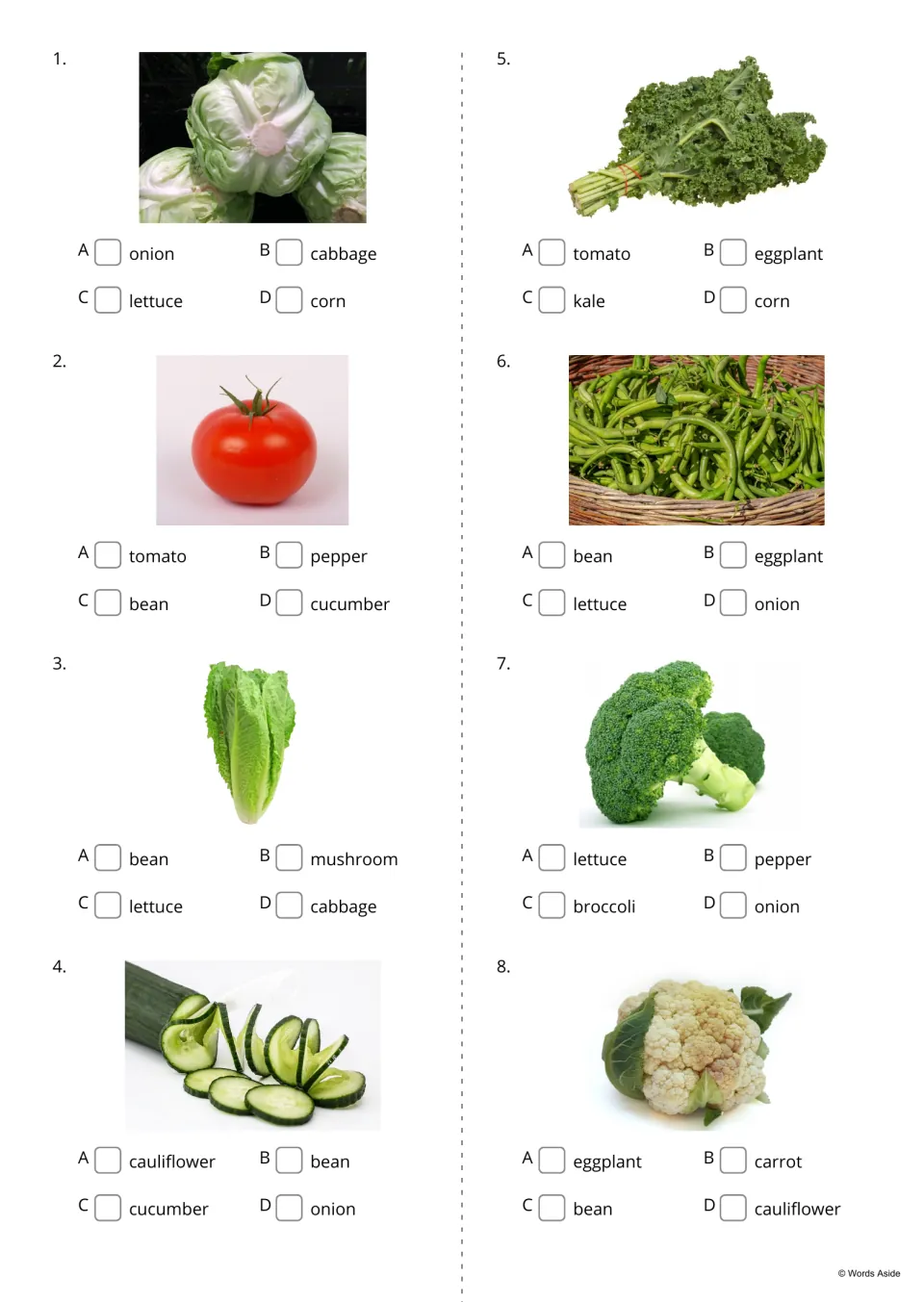 Vegetable naming quiz, items 1-8: students tick the correct name for photos of cabbage, tomato, lettuce, kale and more
