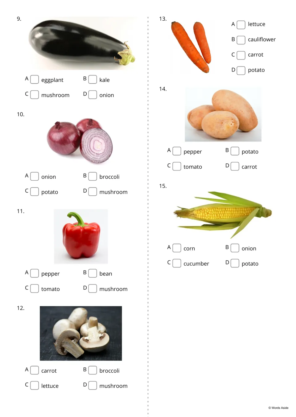 Vegetable naming quiz, items 9-15: students choose the right word for eggplant, onion, pepper, mushroom, carrot and corn