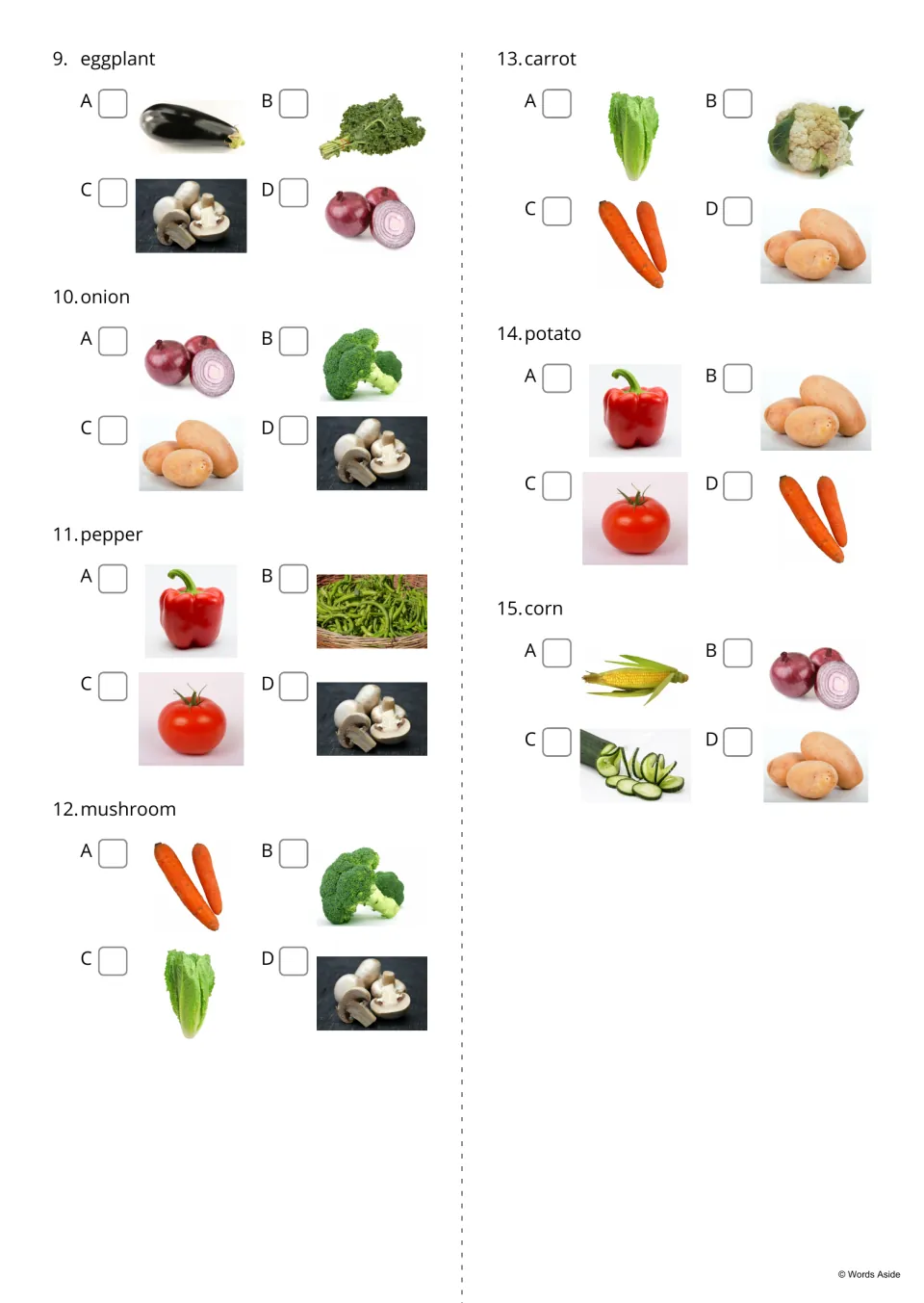 Vegetable word-to-photo quiz, items 9-15: students read eggplant, onion, pepper and more and tick the right photo