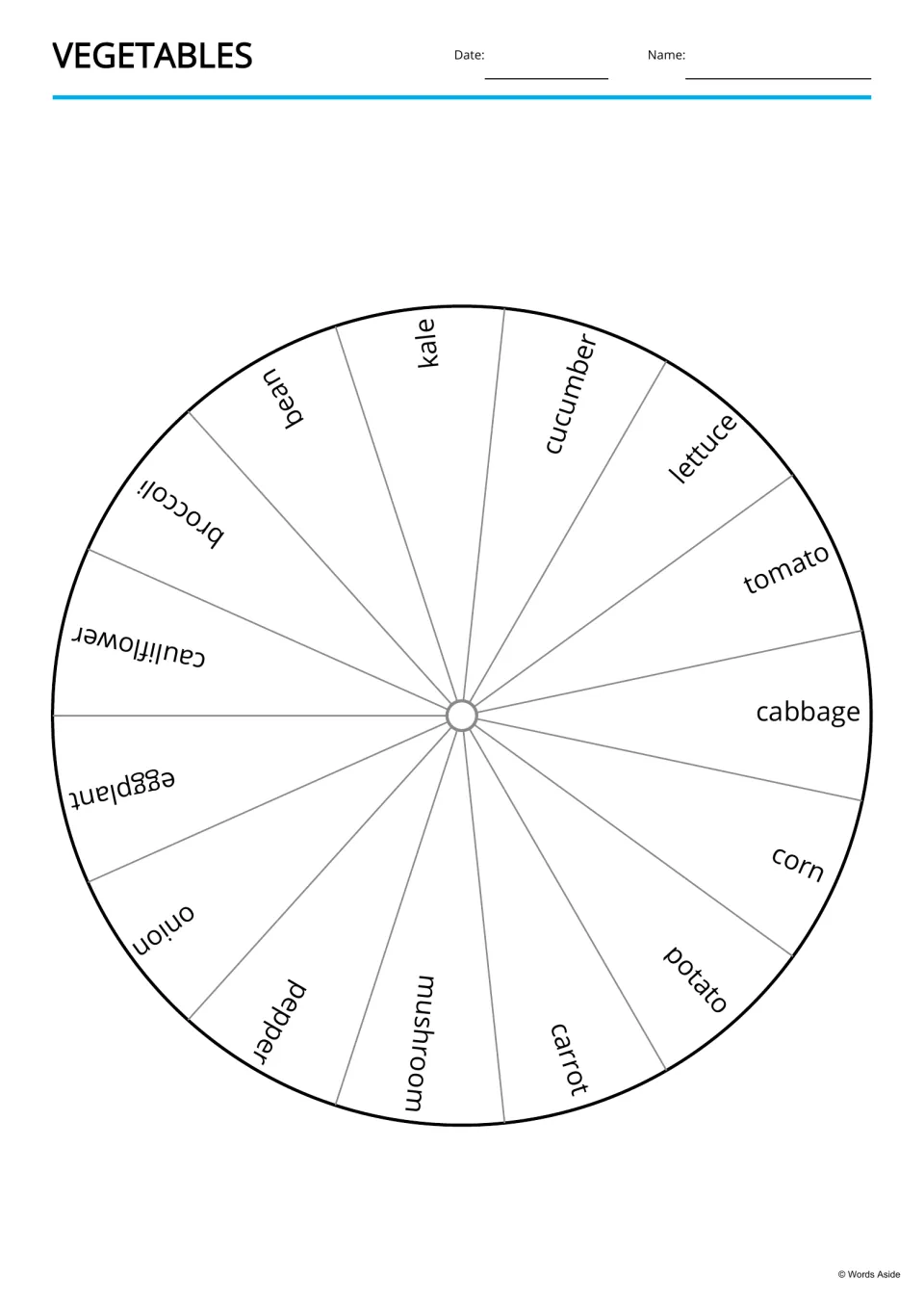 Vegetables word wheel: a circle split into 15 sections, each printed with a vegetable name such as kale, corn or onion