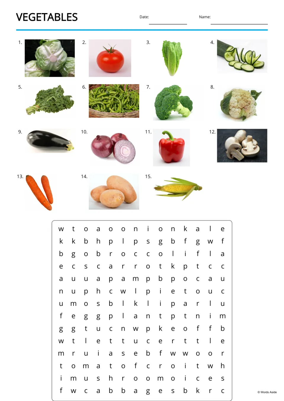 Vegetable word search: students find 15 hidden vegetable names, using numbered photos of each vegetable as clues