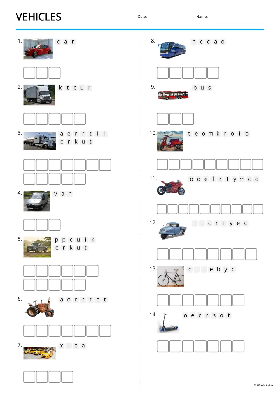 Vehicle anagrams: students unscramble 14 jumbled words like ktcur and hccao beside photos of a truck, coach and taxi