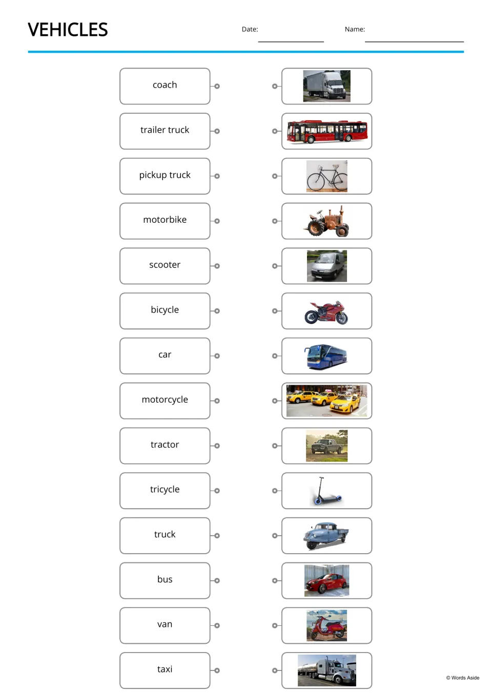Vehicle word-to-picture matching: students draw lines from 14 words such as coach, tractor and taxi to their photos
