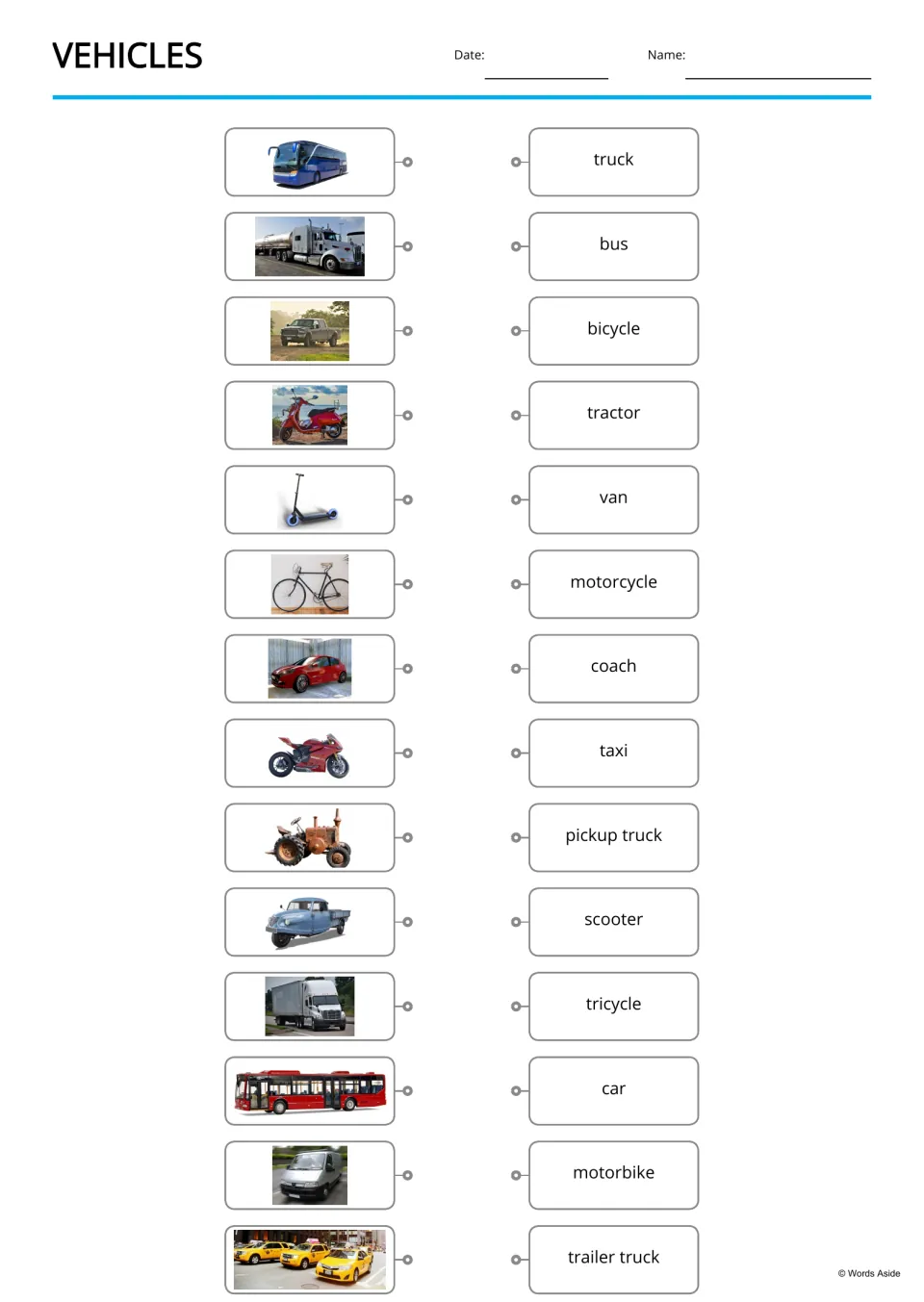 Picture-to-word matching: students connect 14 vehicle photos, such as a coach and yellow taxis, to their names
