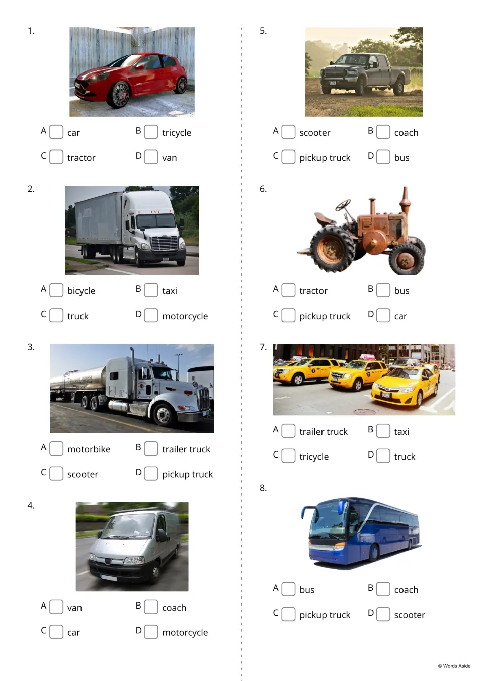 Vehicle multiple choice, items 1-8: students tick A-D to name each photo, such as a red car, a tractor and yellow taxis