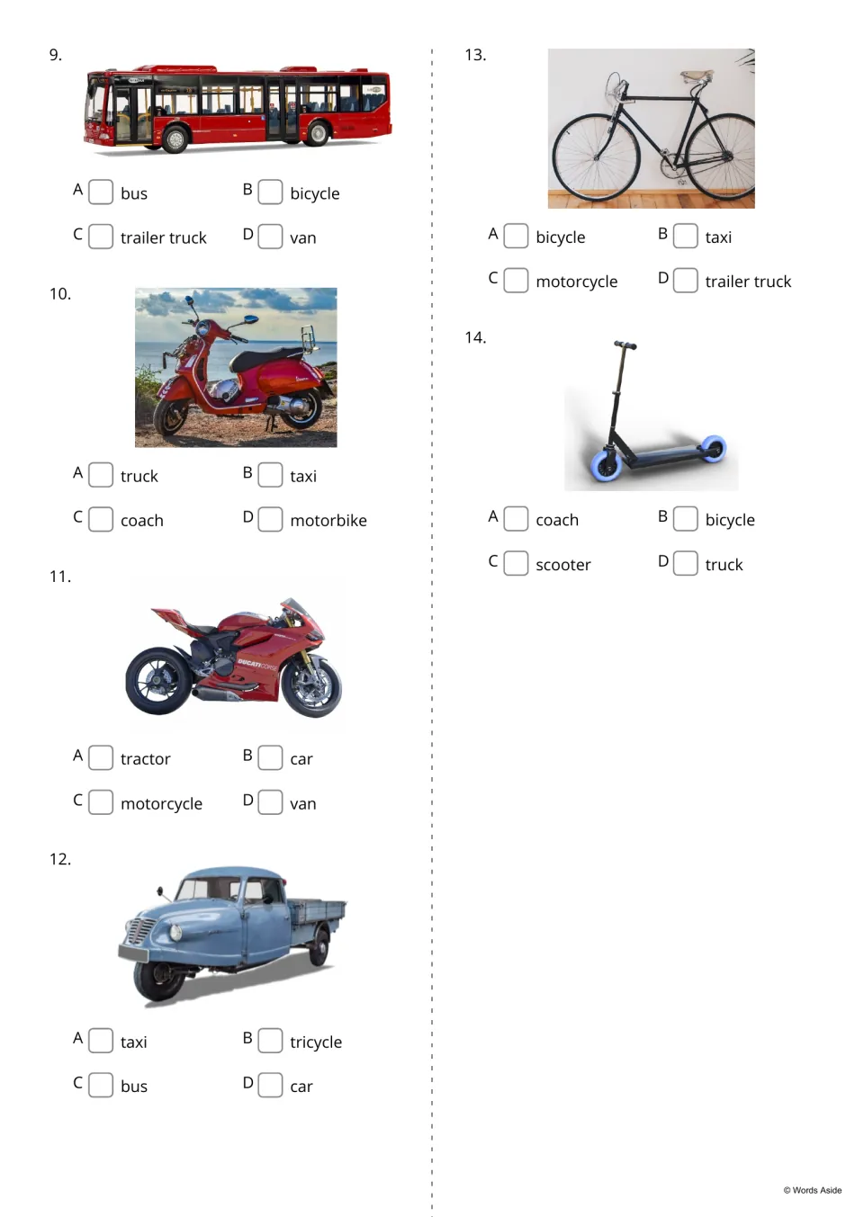 Vehicle multiple choice, items 9-14: students tick the name for a red bus, scooter, motorcycle, tricycle and bicycle