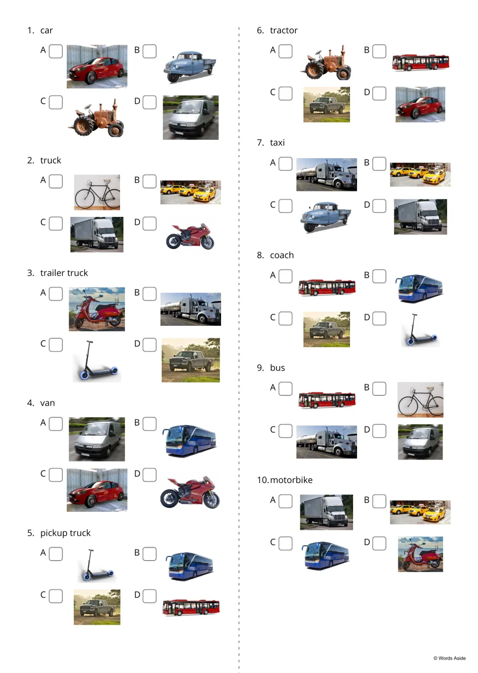 Word-to-photo multiple choice, items 1-10: students read a word such as car or coach and tick the photo that fits