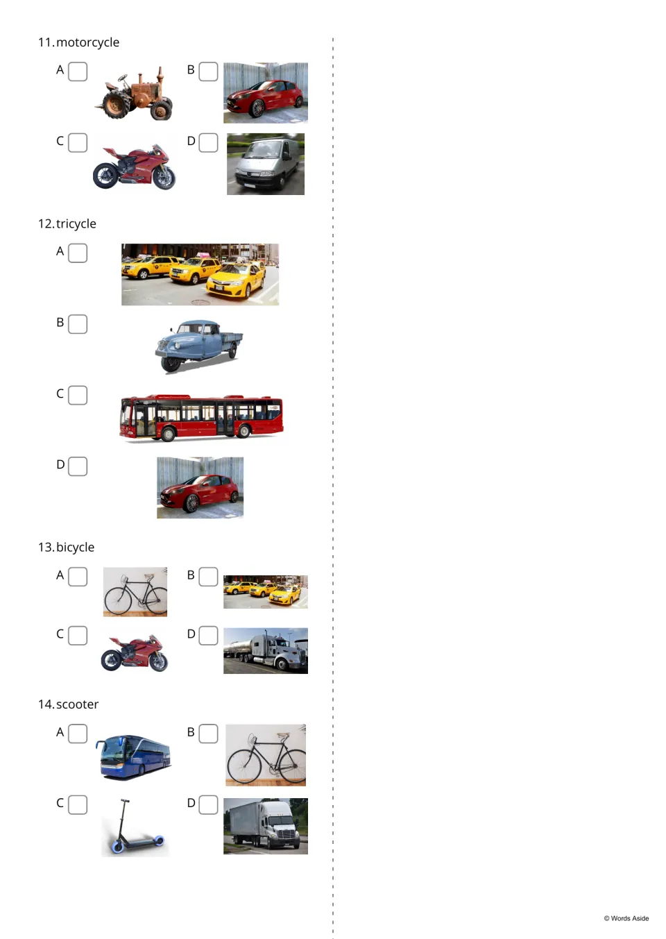 Word-to-photo multiple choice, items 11-14: students choose the photo for motorcycle, tricycle, bicycle and scooter