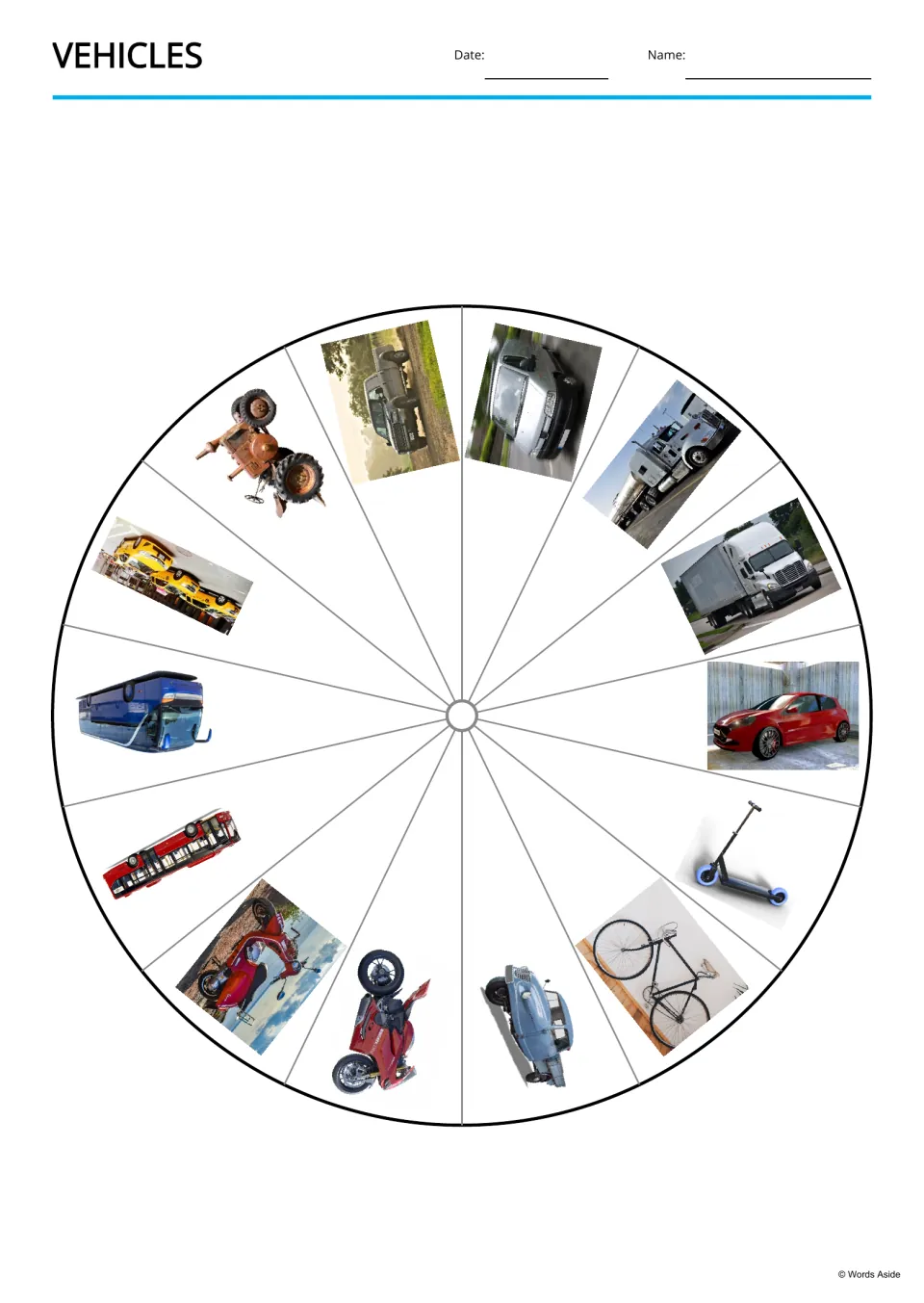 Vehicle picture wheel: 14 sections, each holding a photo such as a tractor, taxis, a coach or a scooter