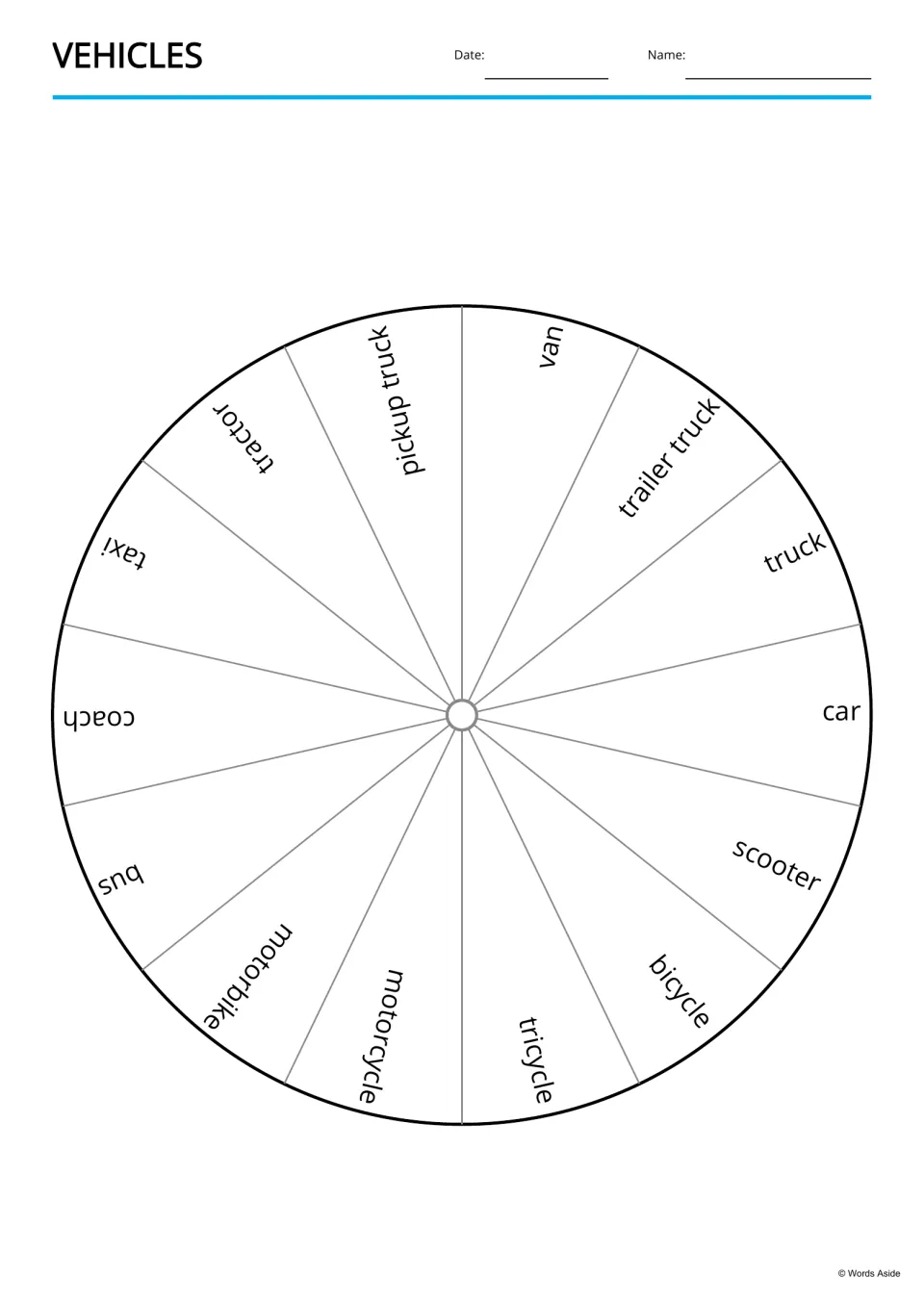 Vehicle word wheel: 14 sections printed with names such as van, trailer truck, car, scooter, bus and pickup truck
