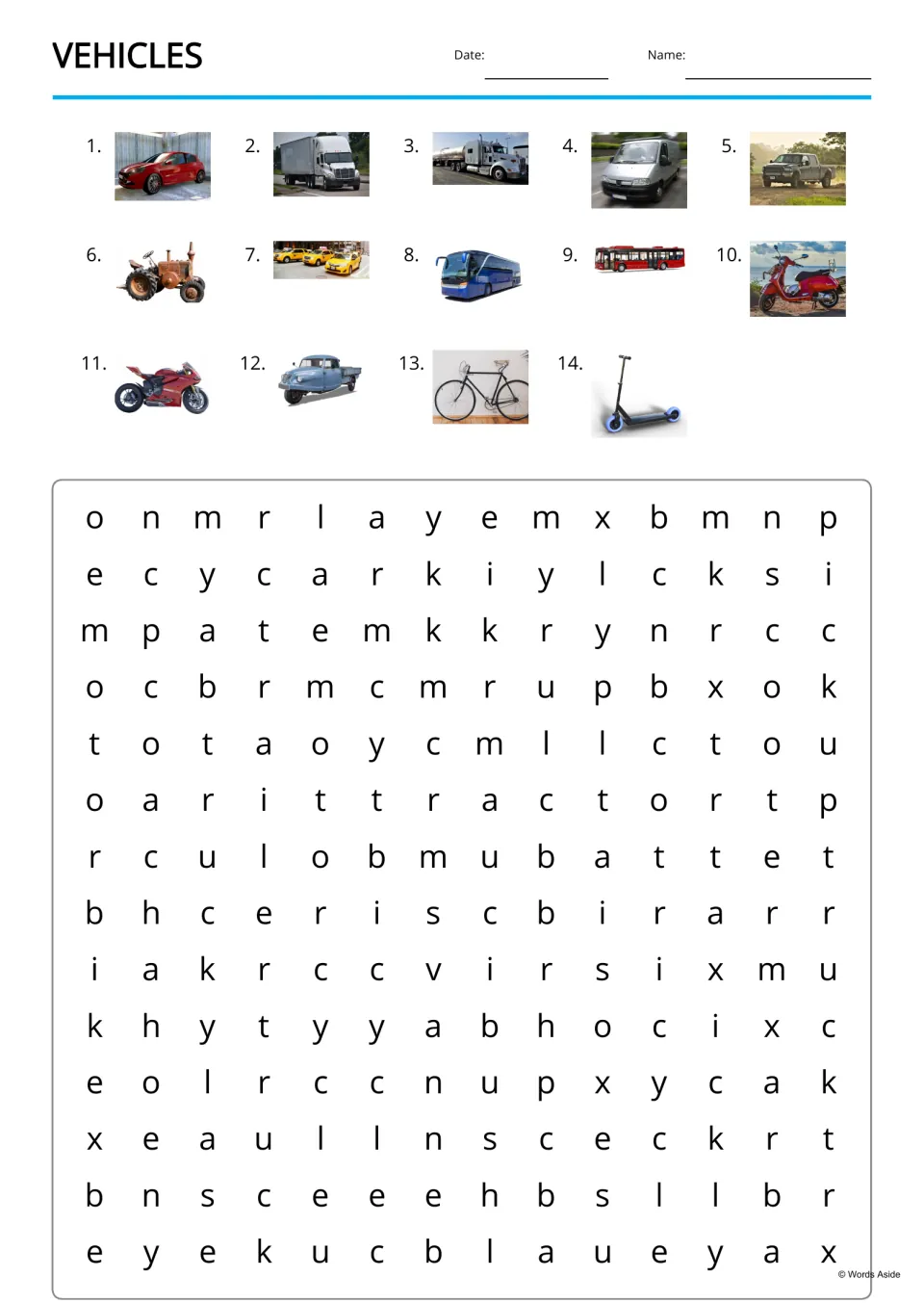 Vehicle word search: students find the names of 14 pictured vehicles, from car and truck to tricycle and scooter