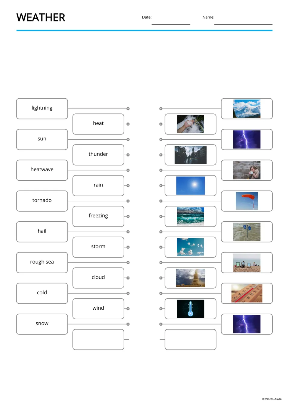 Weather word matching: students draw lines from words like lightning, heat, sun and thunder to the matching weather photos