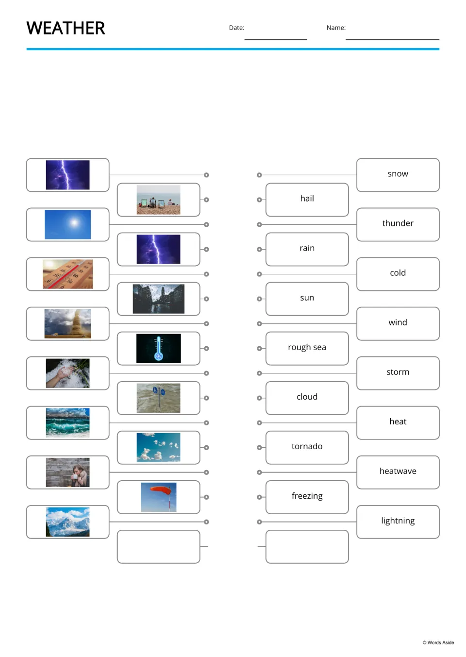 Weather photo matching: students join each weather photo on the left to its word, such as snow, hail, rain or tornado