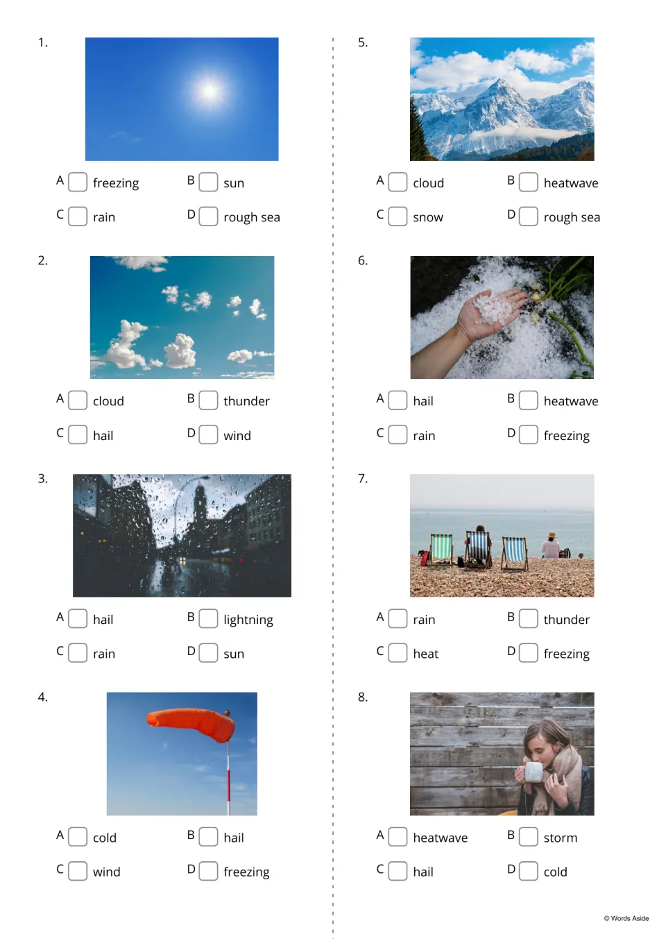 Weather multiple choice 1-8: students tick the word that names each photo, such as sun, cloud, rain, wind, snow or hail